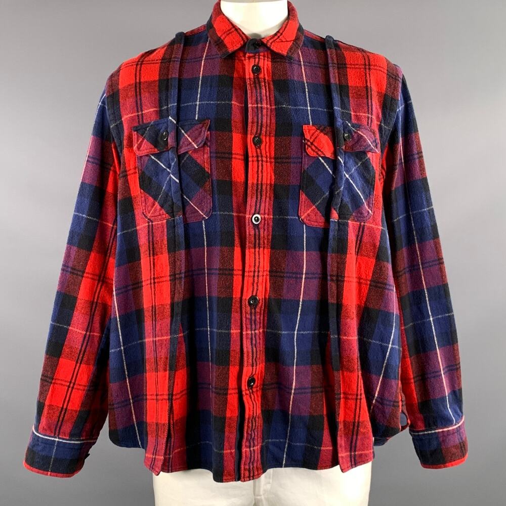 SACAI Size XL Red Multi Color Plaid Cotton Oversized Long Sleeve Shirt